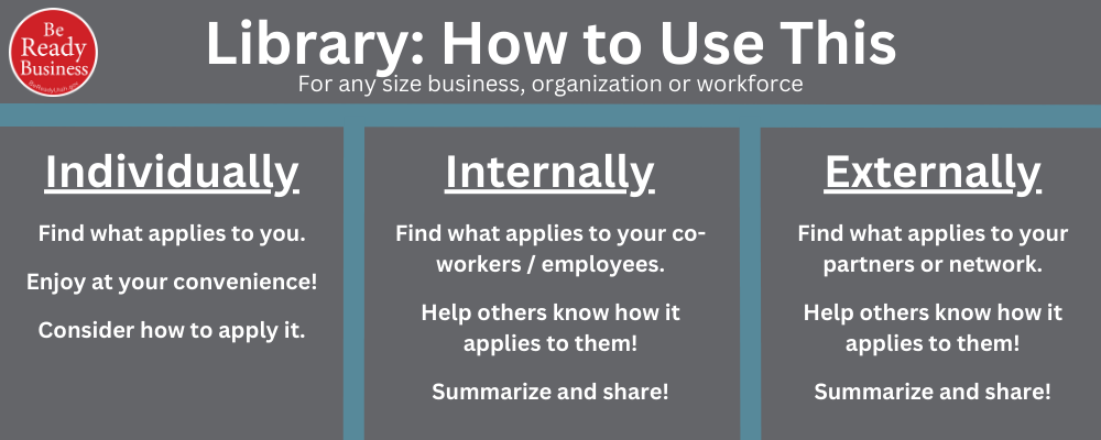 This image say how to use this Be Ready Business Library for any size business, organization or workplace. Individuals can find what applies to them, enjoy at their convenience, and consider how to apply it. Internally you can find what applies to your co-workers or employees, help others know how it applies to them, and summarize and share. Externally you can find what applies to your partners or network, help them know how it applies to them, and summarize and share.
