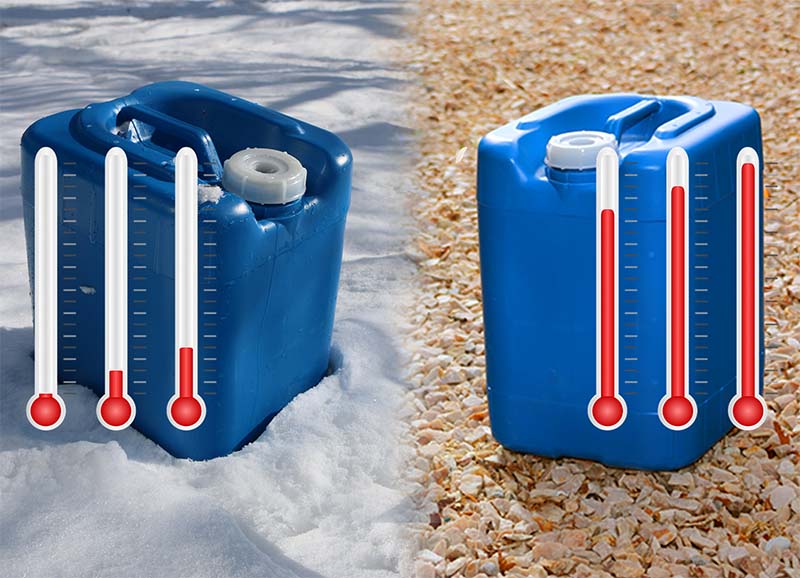 Water containers in snow and desert showing extremes in temperature