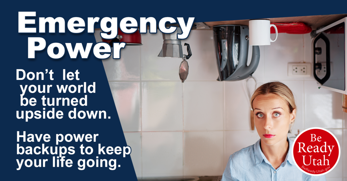 Image of woman in an upside down kitchen with the words, Emergency Power: Don't let your world be turned upside down. Have Power Backups to keep your life going.