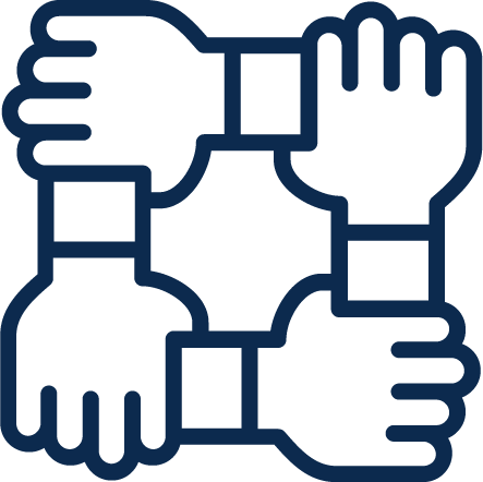 Illustration of four hands grabbing the wrist of the next hand in a circle, symbolizing working together.
