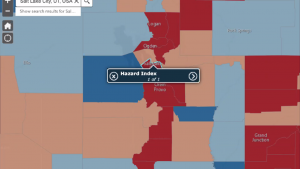 Image of an interactive map of Utah with counties highlighted in various colors.