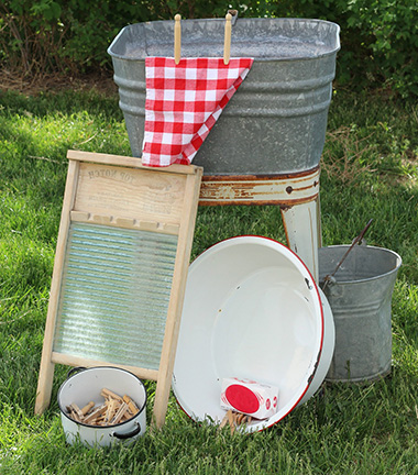 Laundry handwashing supplies, wash basin, wash board, bucket, clothes pins