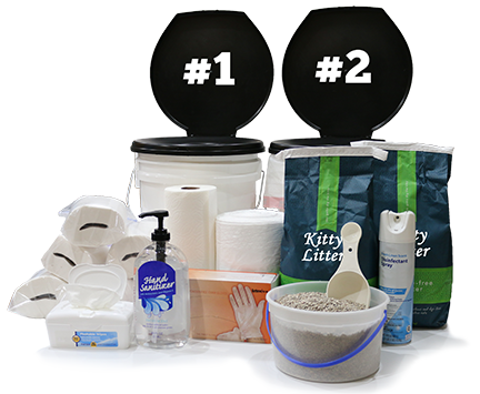 Two Bucket Sanitation Kit with kitty litter, toilet paper, wet wipes, hand sanitizer, and spray disinfectant