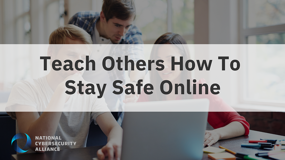Picture inviting you to help teach others how to stay safe online. Image has multiple people gathered around a computer screen learning cyber safety principles.