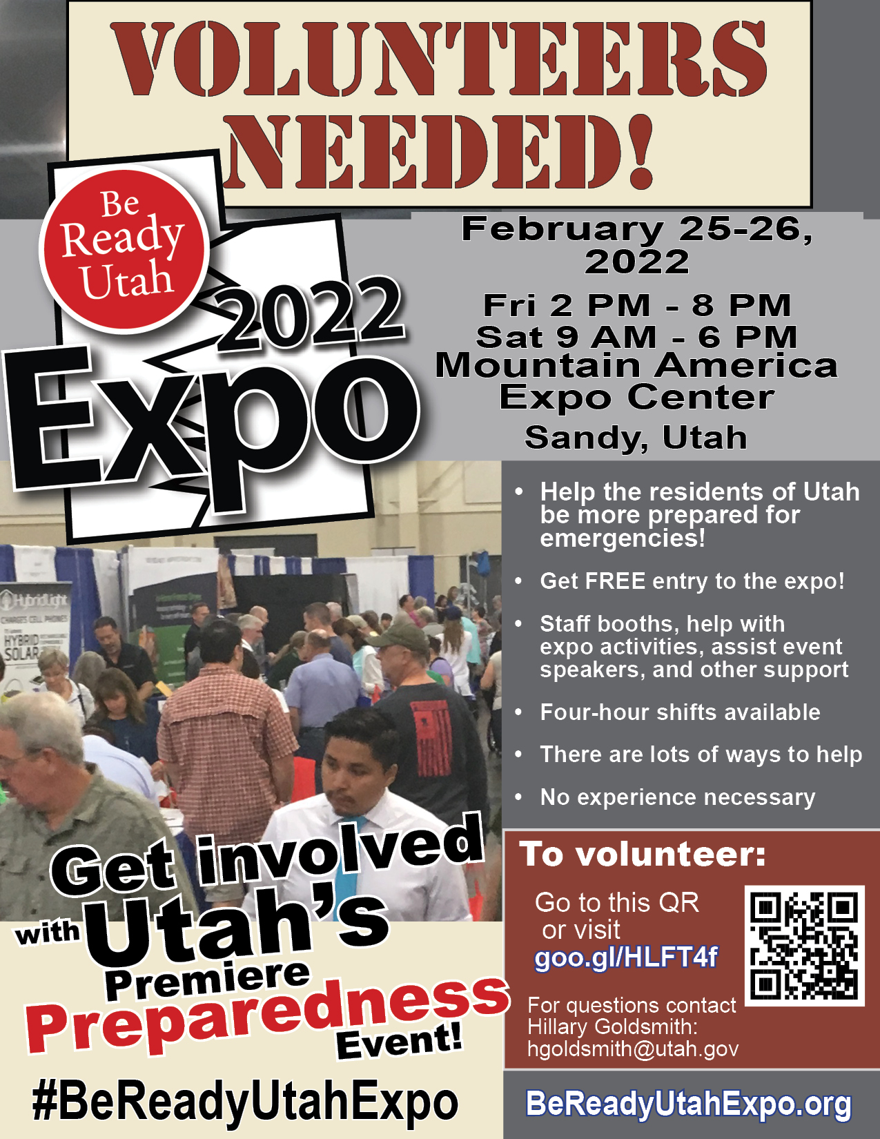  Flier enlisting volunteers for the Expo, with an image of a person filling a water jug.