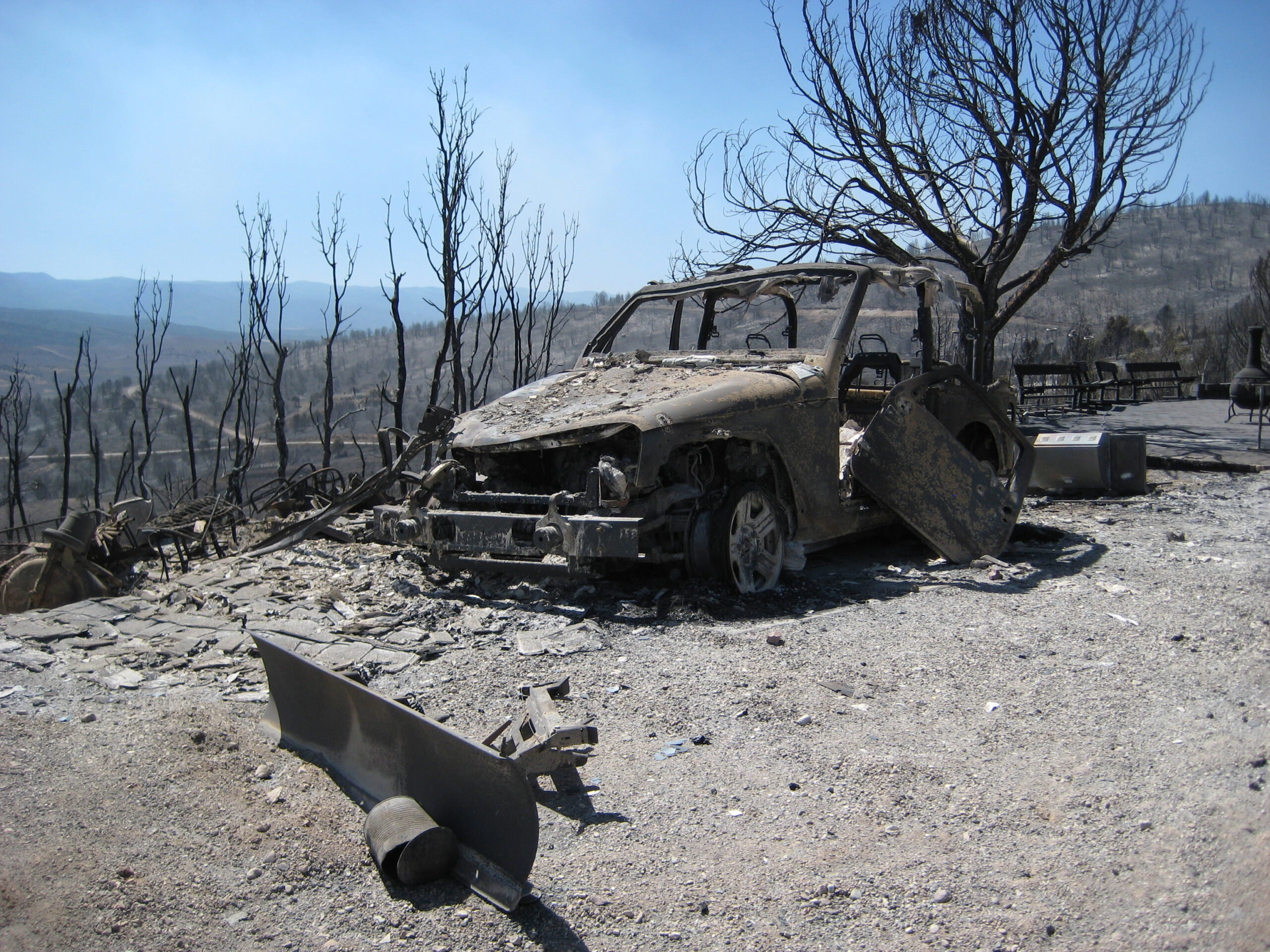 The burned husk of a car surrounded by charred trees.