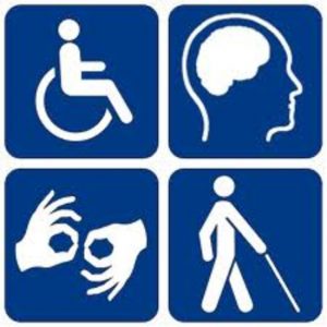 Graphic of four different clip art of person in wheelchair, two hands making OK sign, person walking with cane, and outline of a head with the brain highlighted.